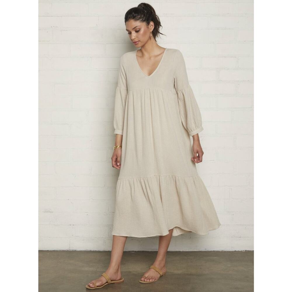 Rachel Pally Cecilia Dress Small Almond Cotton Gauze Long Sleeve Neutral Flowy